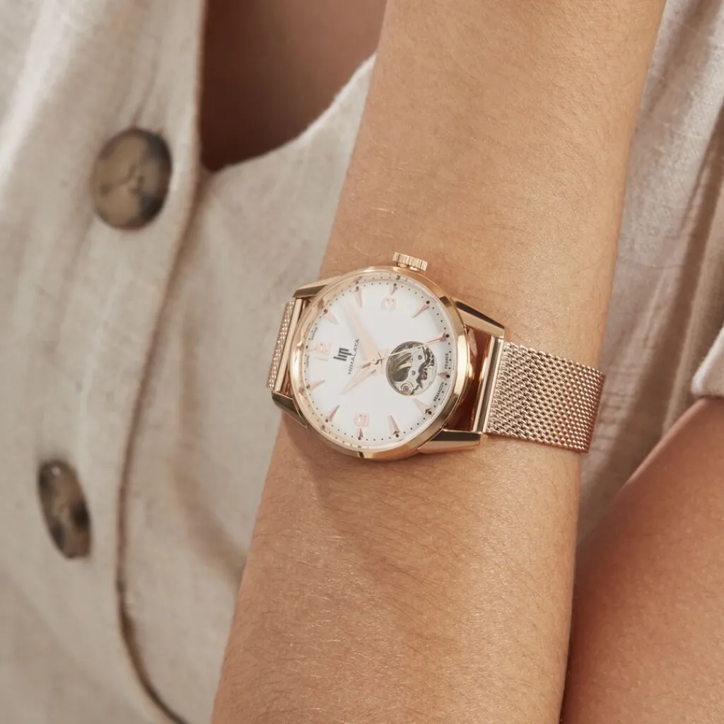 LIP Montre Himalaya C艙ur Battant Blanc cadran doré rose fond blanc bracelet acier doré rose New
