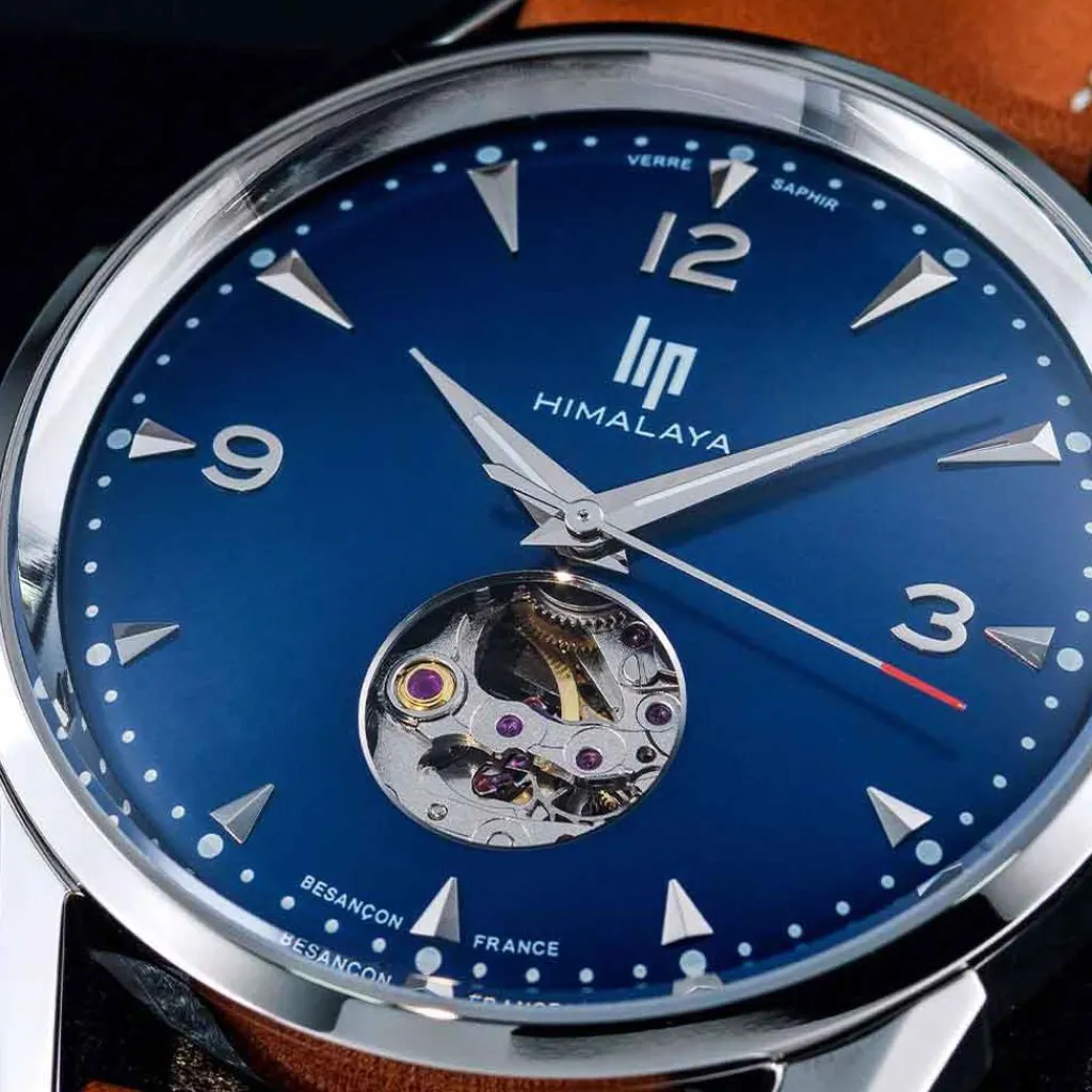 LIP Montre Himalaya C艙ur Battant 40 Bleu cadran argenté fond bleu bracelet cuir marron Sale