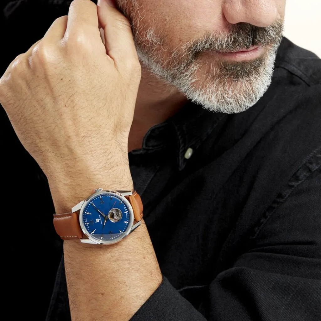 LIP Montre Himalaya C艙ur Battant 40 Bleu cadran argenté fond bleu bracelet cuir marron Sale