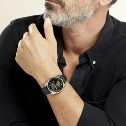 LIP Montre Himalaya Sablier 40 Noir cadran argenté fond noir bracelet cuir noir Discount