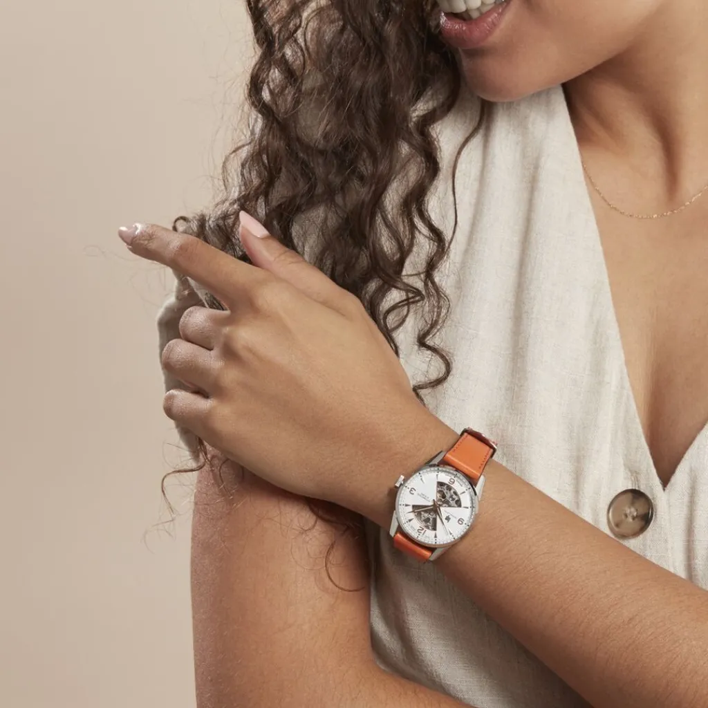 LIP Montre Himalaya Sablier 33 Argenté cadran argenté fond argenté bracelet cuir orange Discount