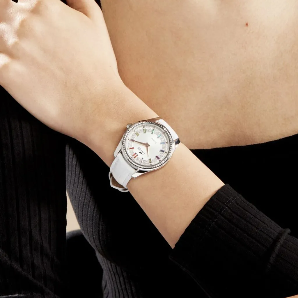 LOTUS Montre Bliss Argenté cadran doré fond argenté bracelet cuir blanc Hot
