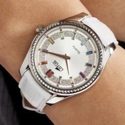 LOTUS Montre Bliss Argenté cadran doré fond argenté bracelet cuir blanc Hot