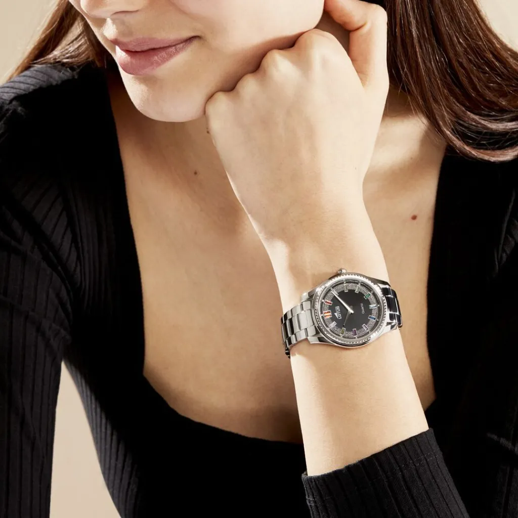 LOTUS Montre Bliss Noir cadran argenté fond noir bracelet acier argenté New