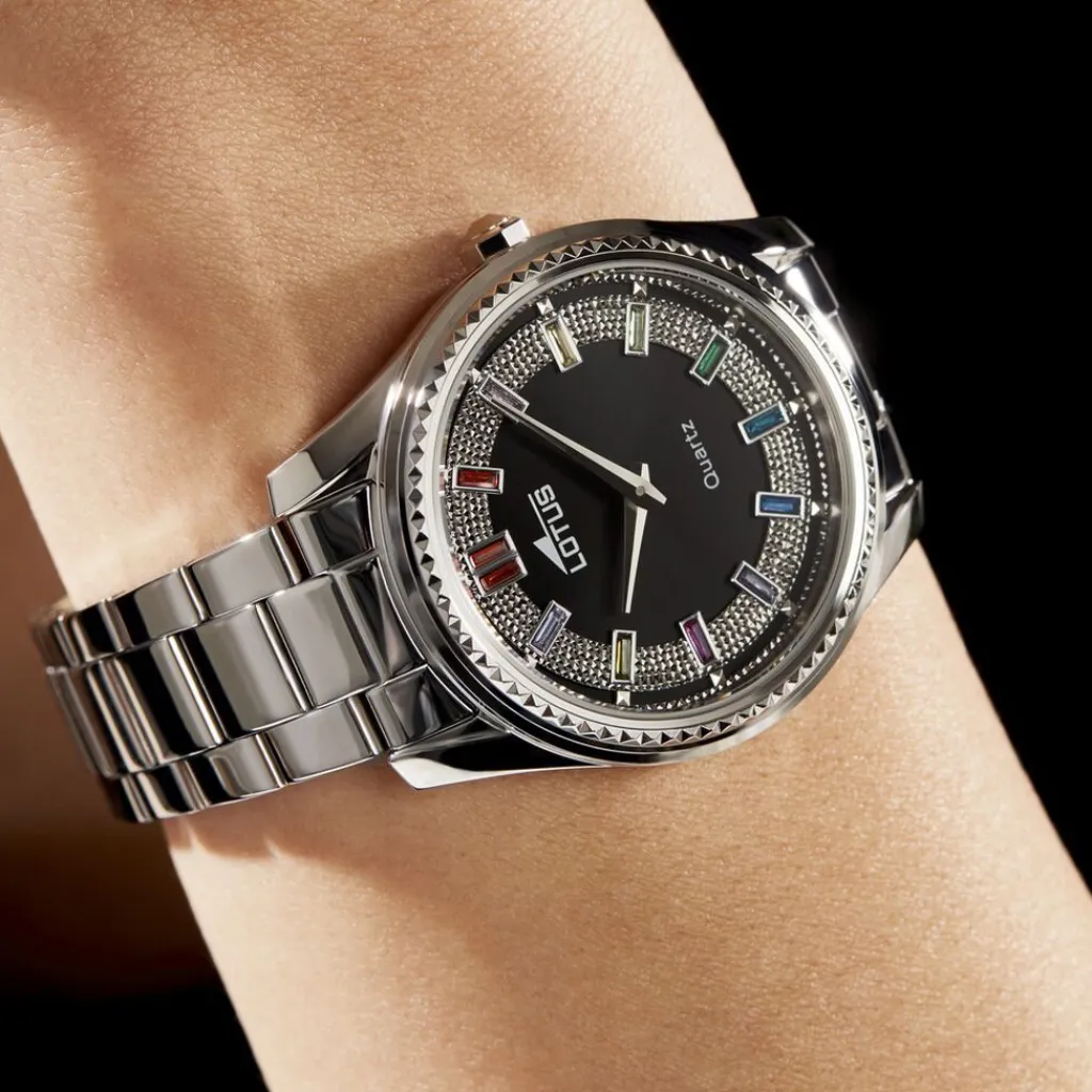 LOTUS Montre Bliss Noir cadran argenté fond noir bracelet acier argenté New