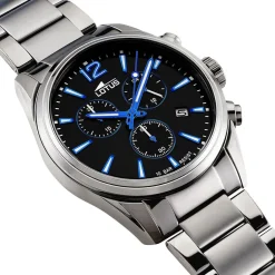 LOTUS Montre Chrono Noir cadran gris fond noir bracelet acier gris Clearance