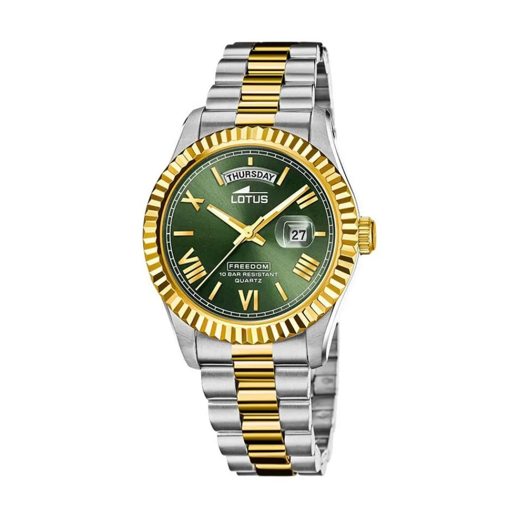 LOTUS Montre Freedom Collection Vert cadran argenté fond vert bracelet acier bicolore Outlet