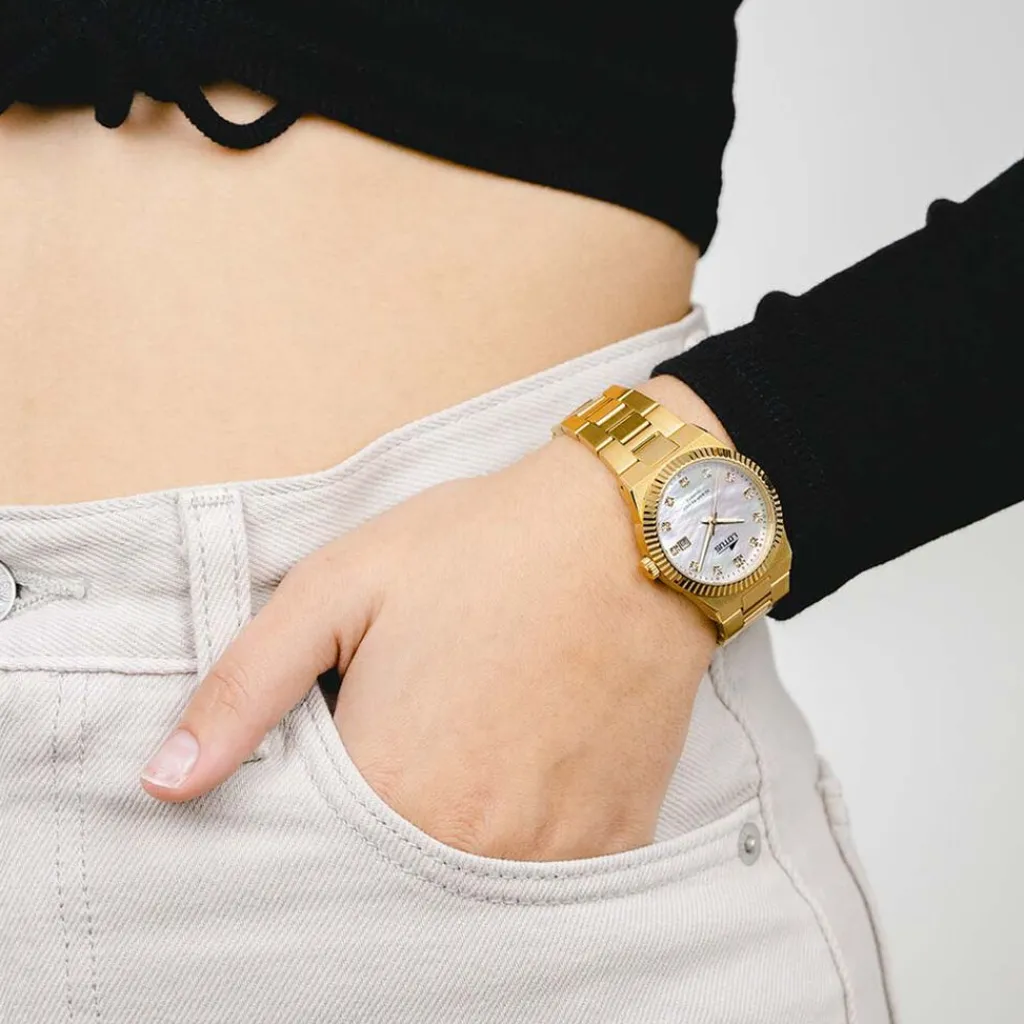 LOTUS Montre Freedom Collection Nacre Blanche cadran doré fond nacre blanche bracelet acier doré New