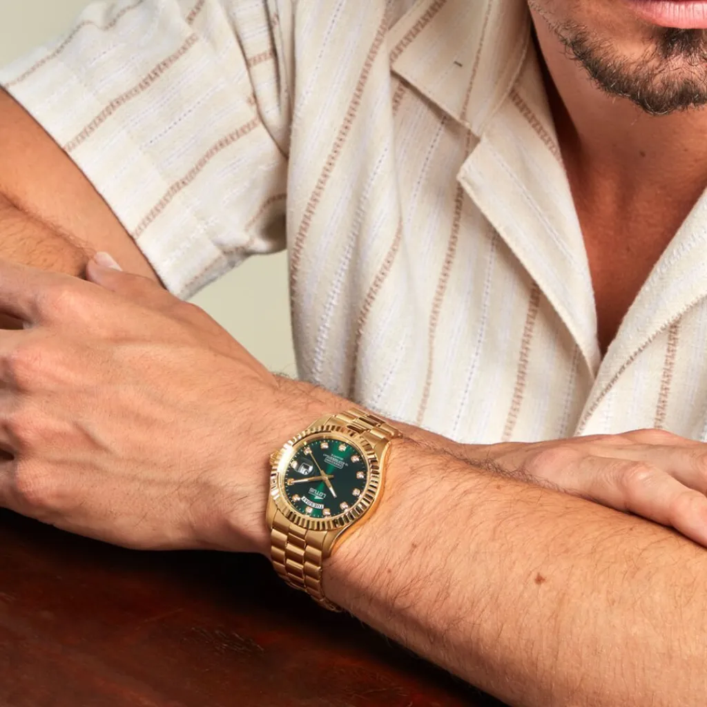 LOTUS Montre Freedom Collection Vert cadran doré fond vert bracelet acier doré Discount