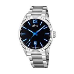 LOTUS Montre Minimalist Noir cadran argenté fond bleu bracelet acier argenté Discount