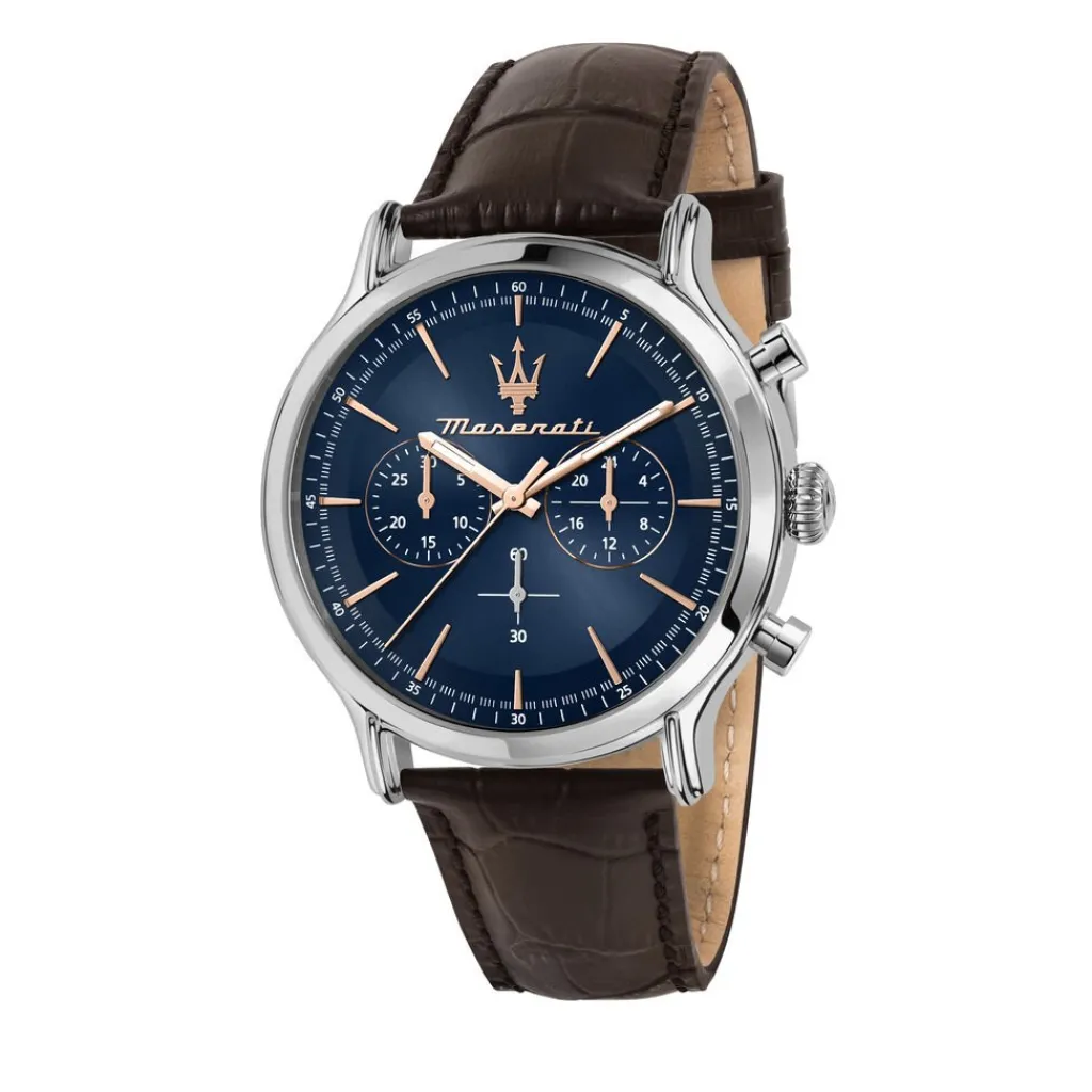 MASERATI Montre Epoca Bleu cadran argenté fond bleu bracelet cuir marron Sale