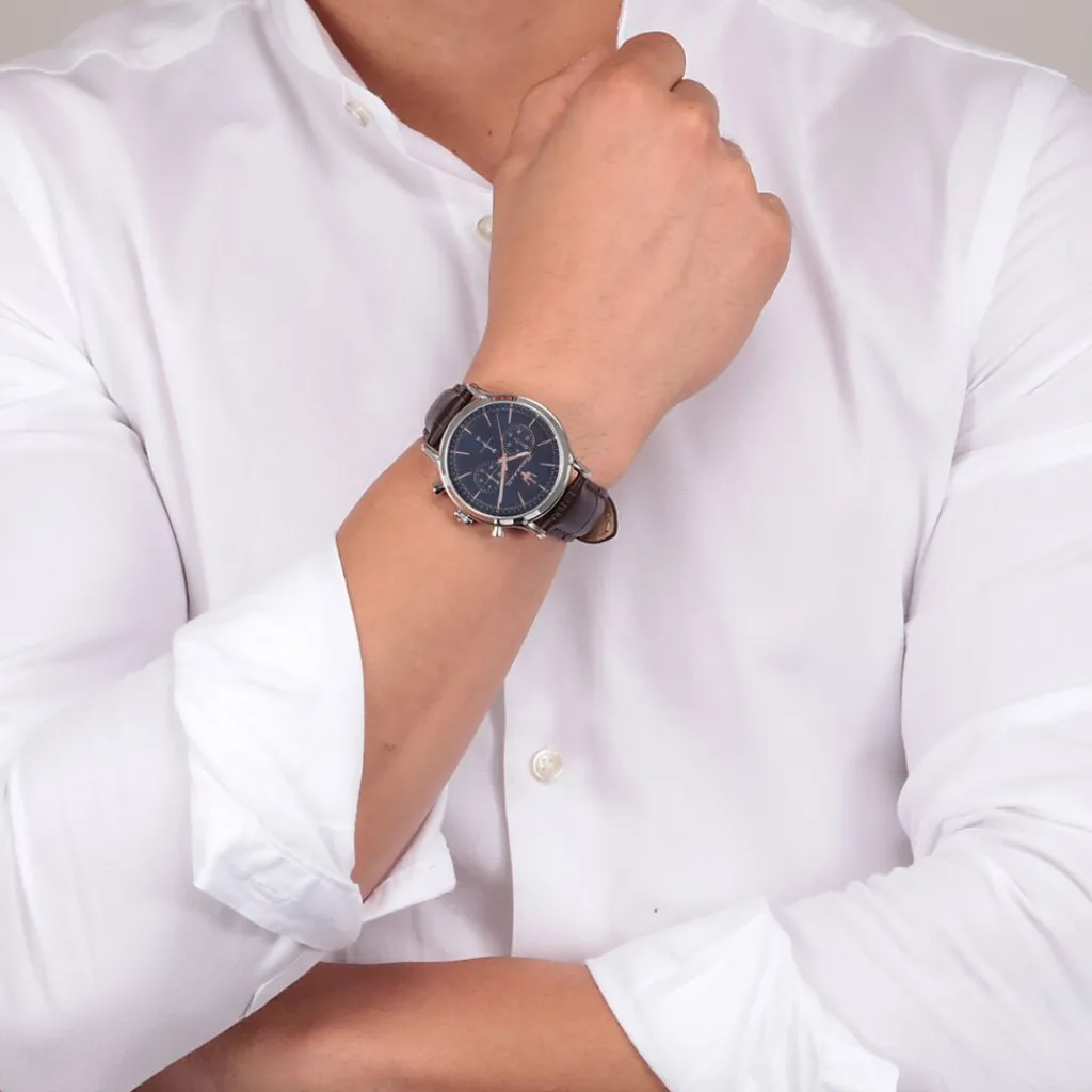 MASERATI Montre Epoca Bleu cadran argenté fond bleu bracelet cuir marron Sale