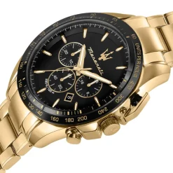 MASERATI Montre Traguardo Noir cadran doré fond noir bracelet acier doré
