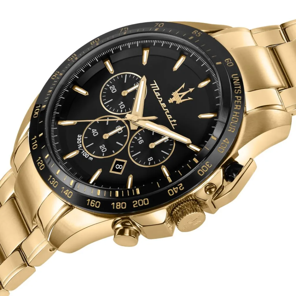 MASERATI Montre Traguardo Noir cadran doré fond noir bracelet acier doré