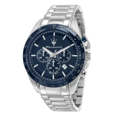 MASERATI Montre Traguardo Bleu cadran argenté fond bleu bracelet acier argenté Hot