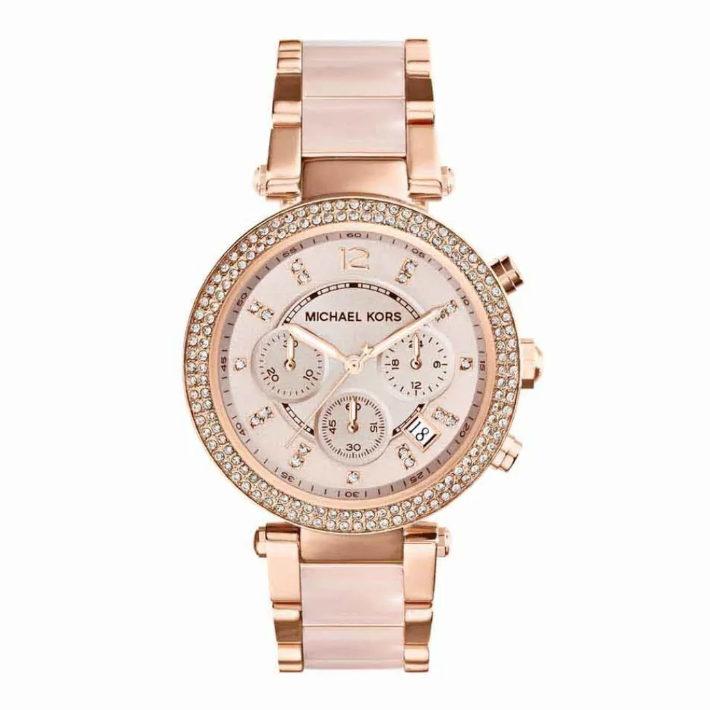 MICHAEL KORS Montre Parker Chrono Rose cadran doré rose fond rose bracelet acetate/acier doré rose New