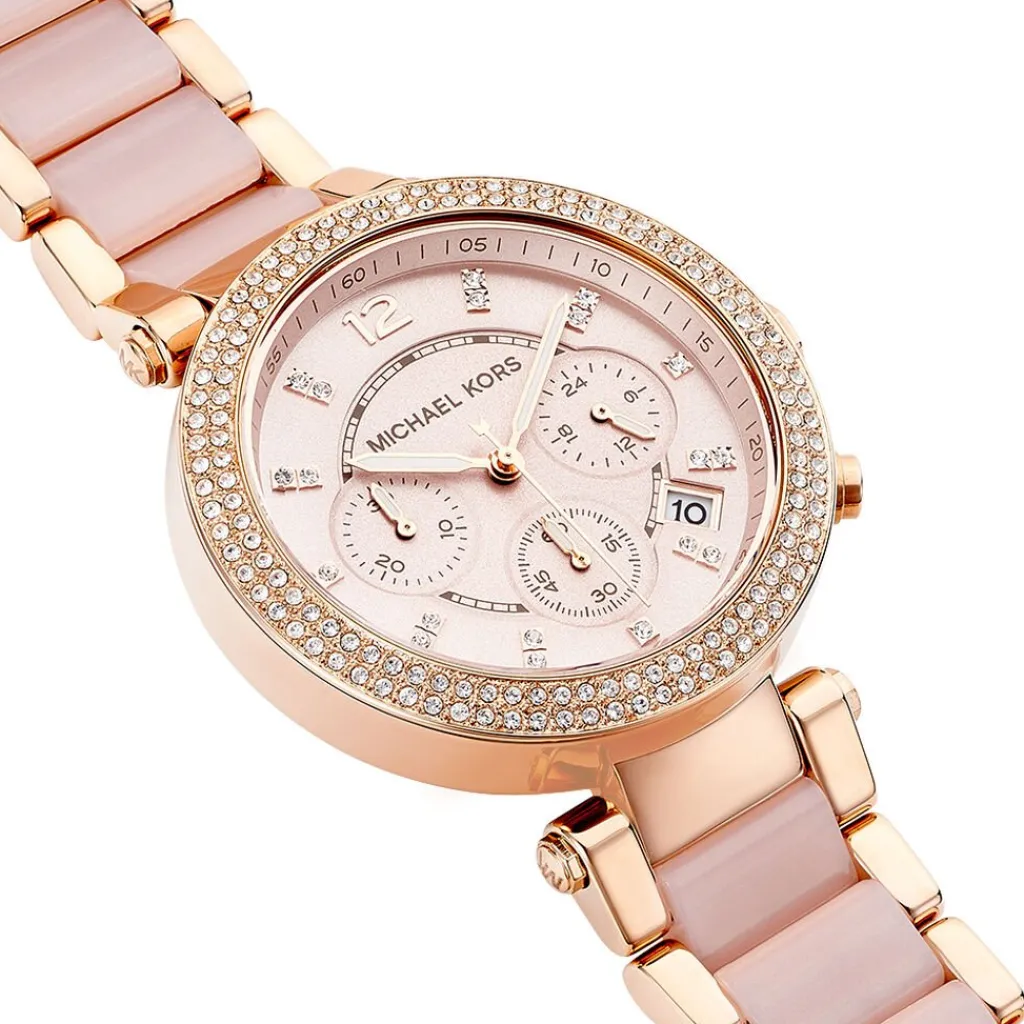 MICHAEL KORS Montre Parker Chrono Rose cadran doré rose fond rose bracelet acetate/acier doré rose New