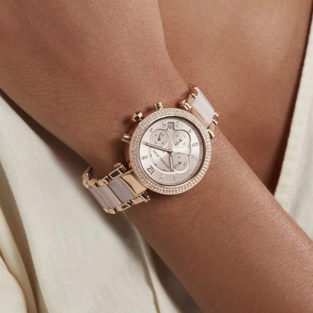 MICHAEL KORS Montre Parker Chrono Rose cadran doré rose fond rose bracelet acetate/acier doré rose New