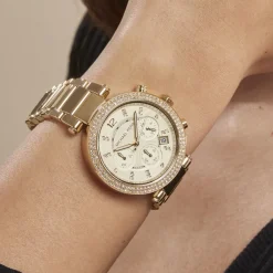 MICHAEL KORS Montre Parker Chrono Champagne cadran doré fond champagne bracelet acier doré Discount