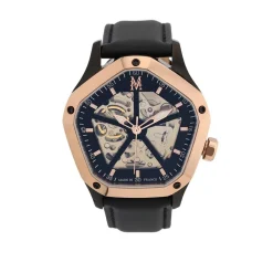 MONTIGNAC Montre Geometric Automatique Noir cadran bicolore rose / noir fond noir bracelet cuir de vache noir Discount