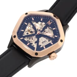 MONTIGNAC Montre Geometric Automatique Noir cadran bicolore rose / noir fond noir bracelet cuir de vache noir Discount