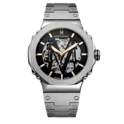 MONTIGNAC Montre Octagon Automatique Noir cadran argenté fond noir bracelet acier argenté Online