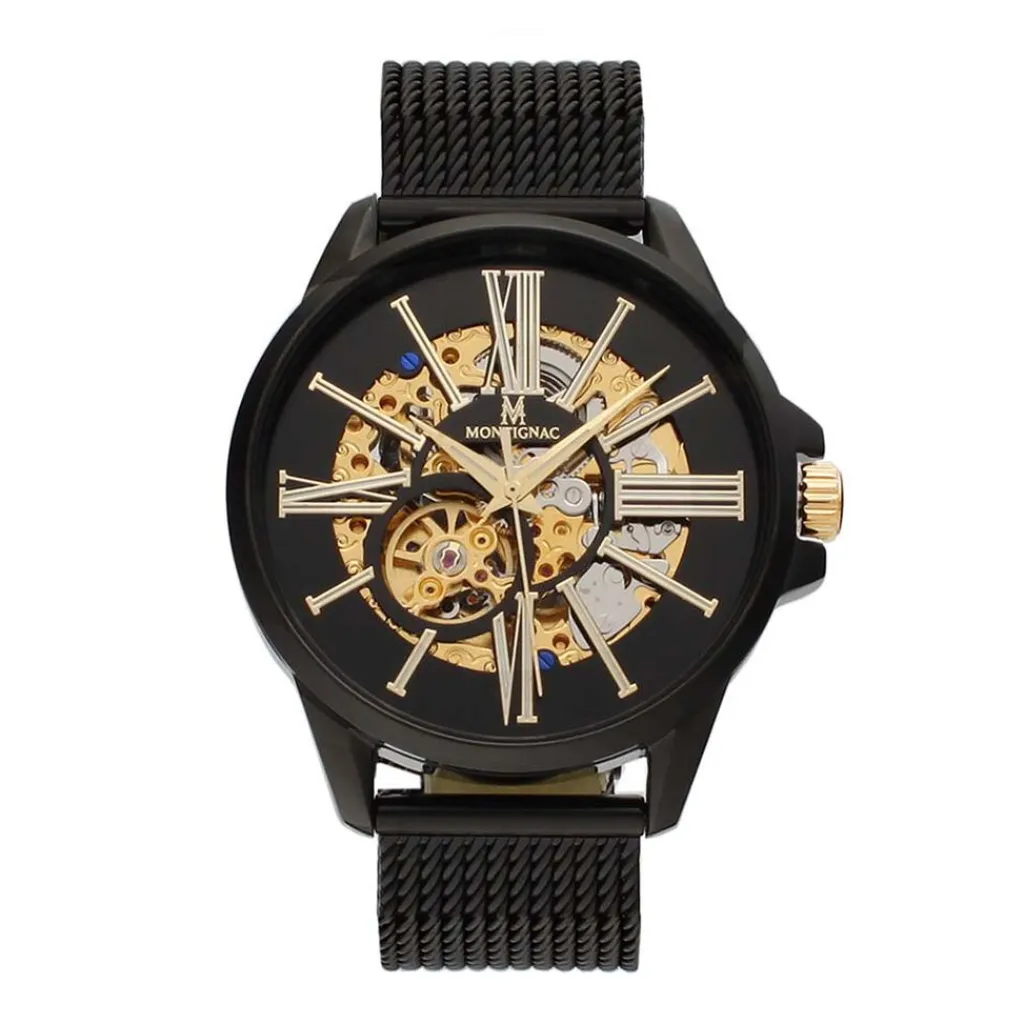 MONTIGNAC Montre Round Automatique Noir cadran noir fond noir bracelet acier noir Hot