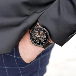 MONTIGNAC Montre Round Automatique Noir cadran doré rose fond noir bracelet acier noir Discount