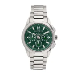 MONTIGNAC Montre Round Multifonction Vert cadran argenté fond vert bracelet acier argenté Hot