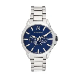 MONTIGNAC Montre Round Multifonction Bleu cadran argenté fond bleu bracelet acier argenté Discount