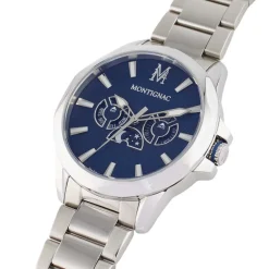 MONTIGNAC Montre Round Multifonction Bleu cadran argenté fond bleu bracelet acier argenté Discount