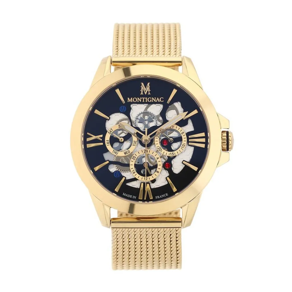 MONTIGNAC Montre Round Noir cadran doré fond noir bracelet acier doré Best