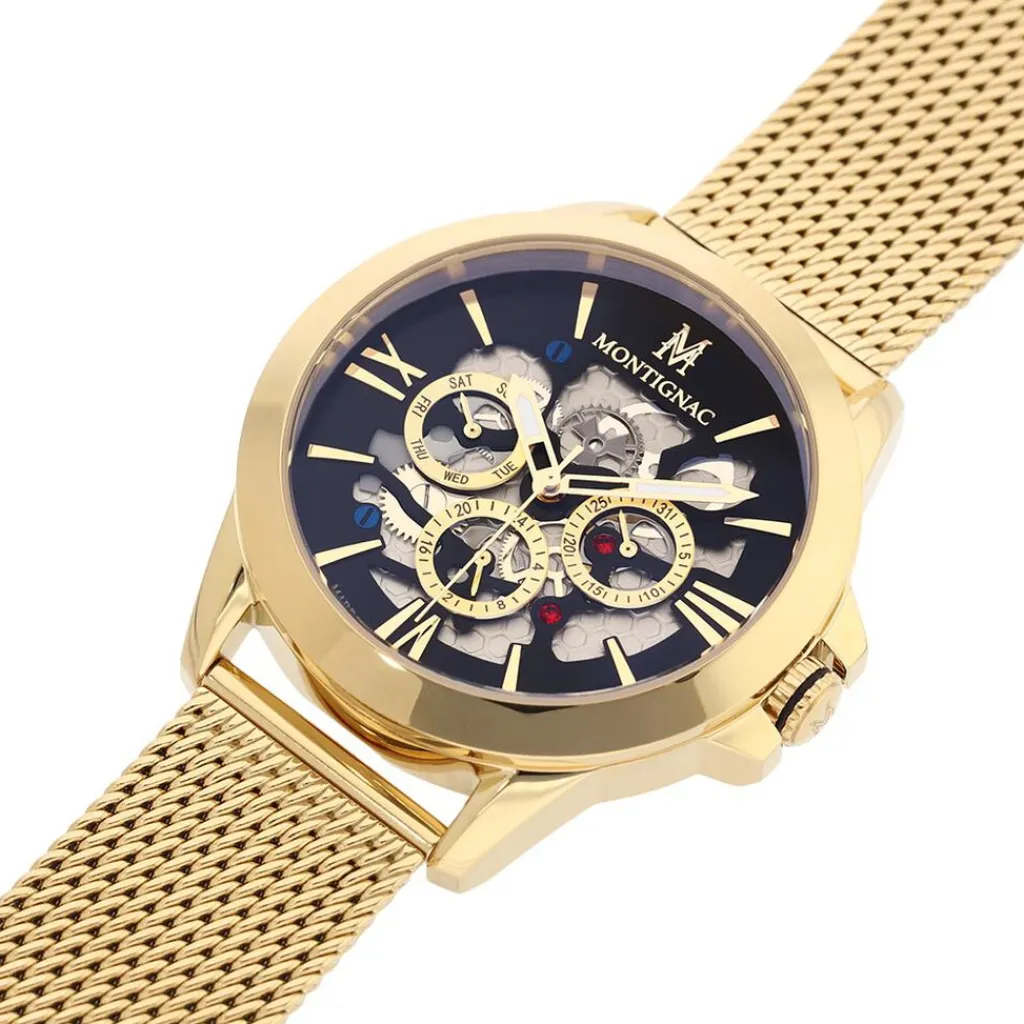 MONTIGNAC Montre Round Noir cadran doré fond noir bracelet acier doré Best