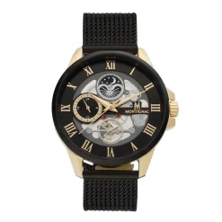 MONTIGNAC Montre Round Noir cadran doré fond noir bracelet acier noir Outlet