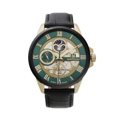 MONTIGNAC Montre Round Vert cadran dore fond vert bracelet cuir noir Clearance