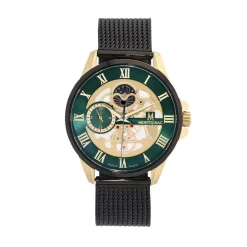 MONTIGNAC Montre Round Vert cadran doré fond vert bracelet acier noir Outlet