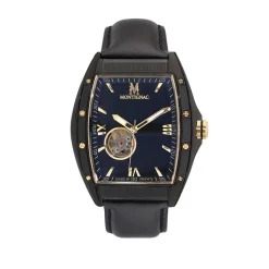 MONTIGNAC Montre Tonneau Automatique Noir cadran noir fond noir bracelet cuir de vache noir Online