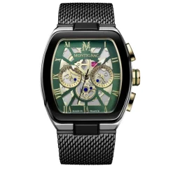 MONTIGNAC Montre Tonneau Vert cadran argenté fond vert bracelet acier noir New