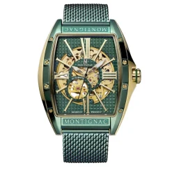 MONTIGNAC Montre Tonneau Automatique Vert cadran doré fond vert bracelet acier vert