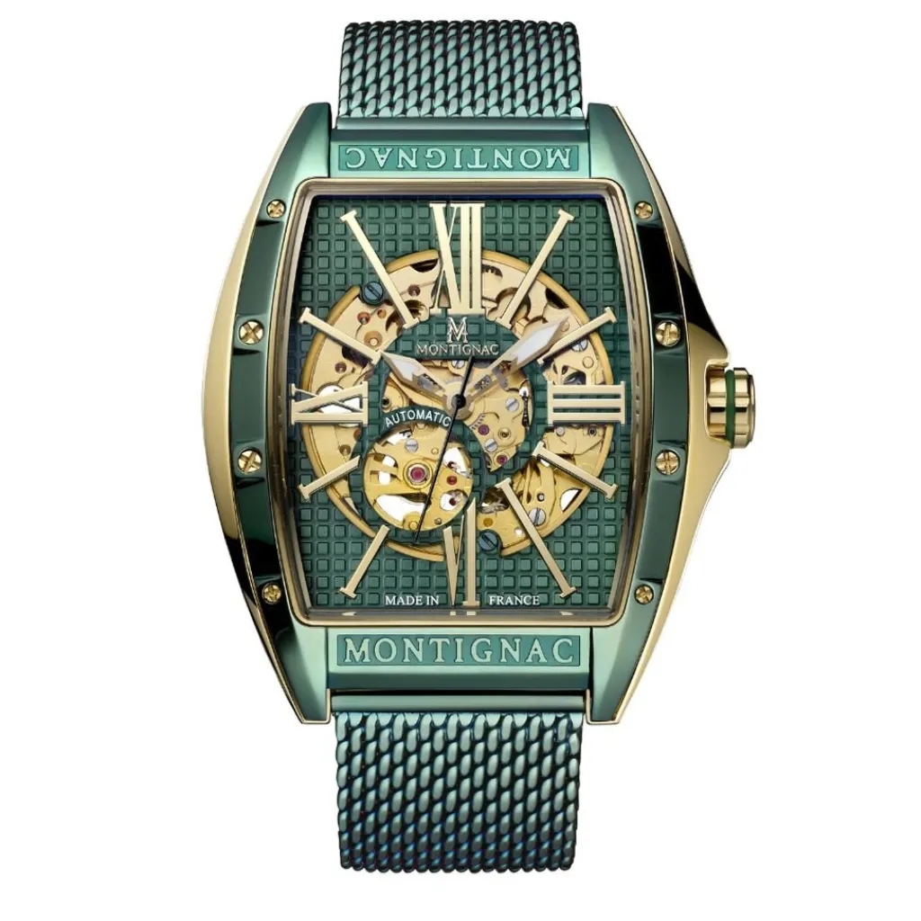 MONTIGNAC Montre Tonneau Automatique Vert cadran doré fond vert bracelet acier vert