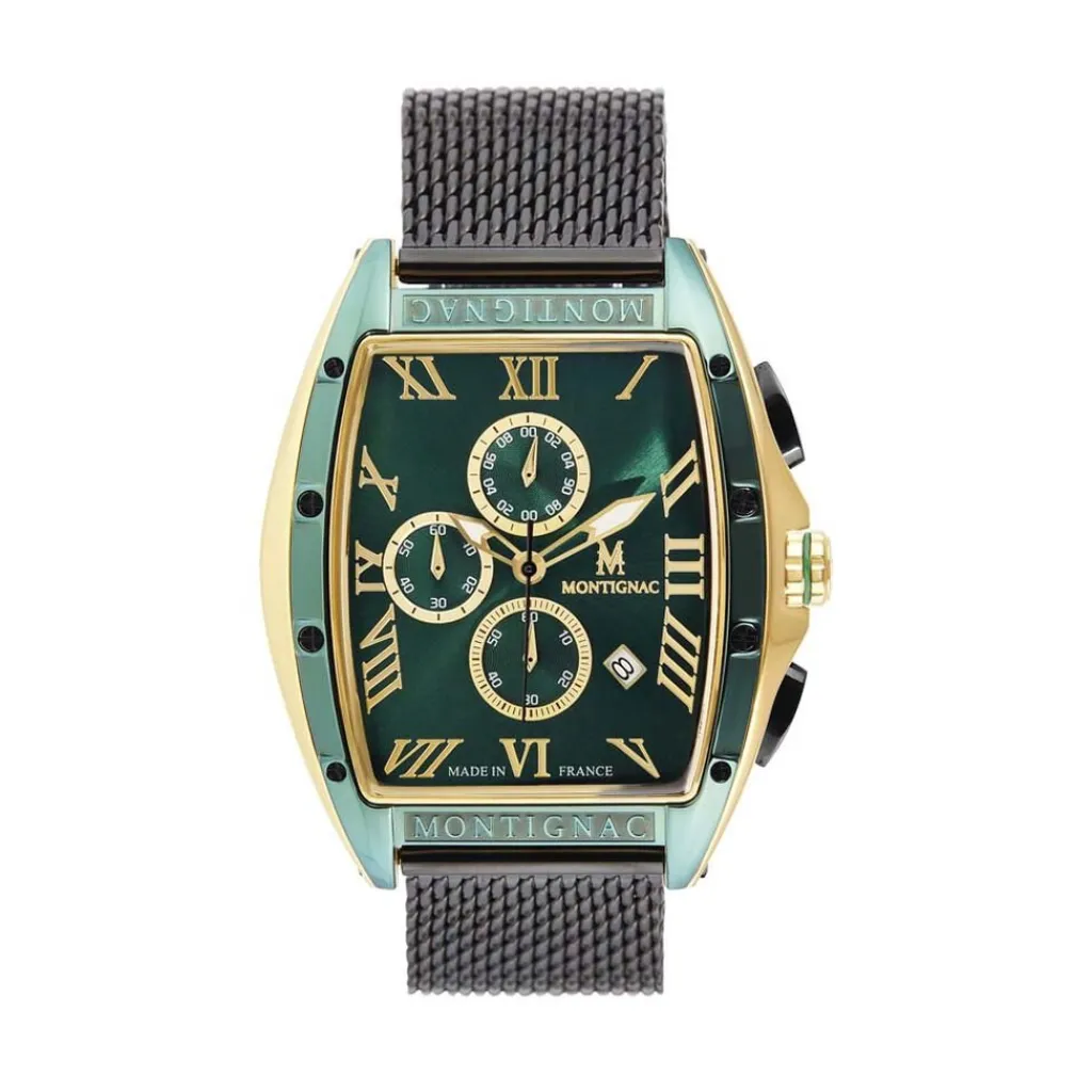 MONTIGNAC Montre Tonneau Vert cadran doré fond vert bracelet acier noir New