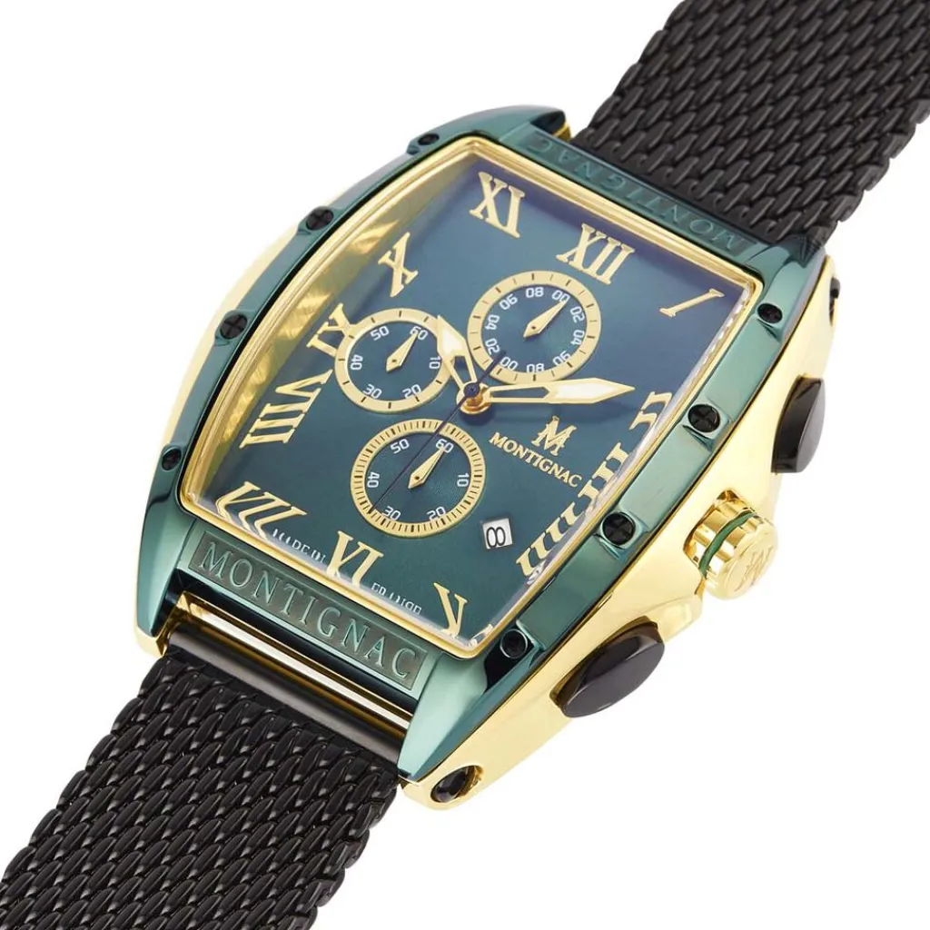 MONTIGNAC Montre Tonneau Vert cadran doré fond vert bracelet acier noir New