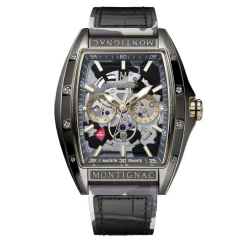 MONTIGNAC Montre Tonneau Noir cadran gris fond noir bracelet cuir de vache noir Online