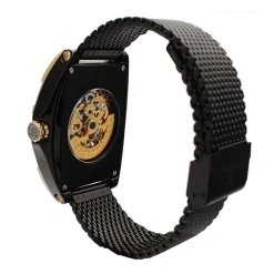 MONTIGNAC Montre Tonneau Automatique Noir cadran doré fond noir bracelet acier noir Online