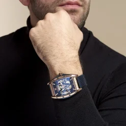 MONTIGNAC Montre Tonneau Automatique Bleu cadran rose fond bleu bracelet acier bleu Discount