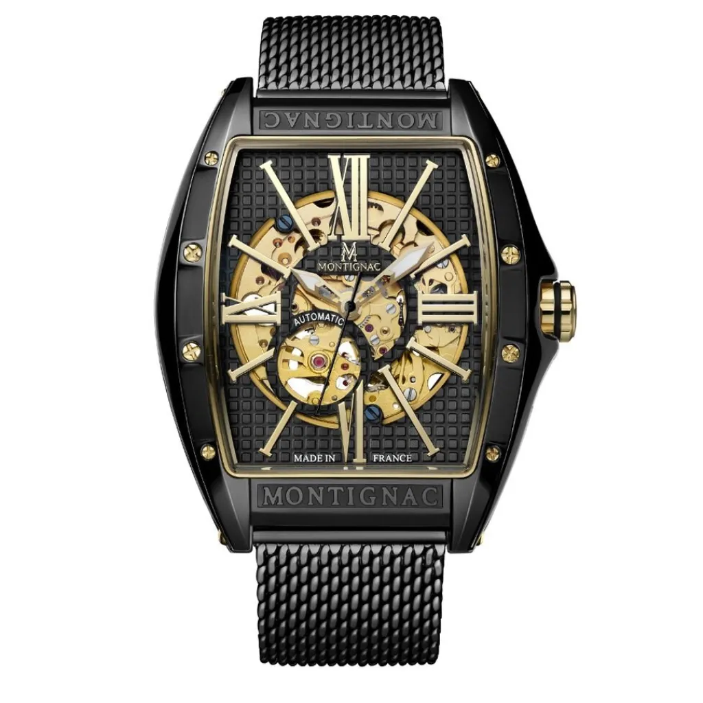 MONTIGNAC Montre Tonneau Automatique Noir cadran noir fond noir bracelet acier noir New