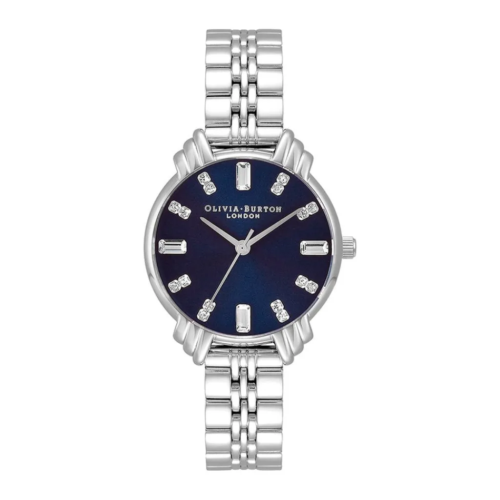 OLIVIA BURTON Montre Art Deco Bleu cadran argenté fond bleu bracelet acier argenté Discount