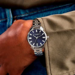 OLIVIA BURTON Montre Art Deco Bleu cadran argenté fond bleu bracelet acier argenté Discount