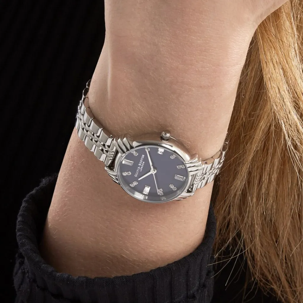 OLIVIA BURTON Montre Art Deco Bleu cadran argenté fond bleu bracelet acier argenté Discount
