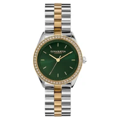 OLIVIA BURTON Montre Bejewelled Vert cadran doré fond vert bracelet acier bicolore New